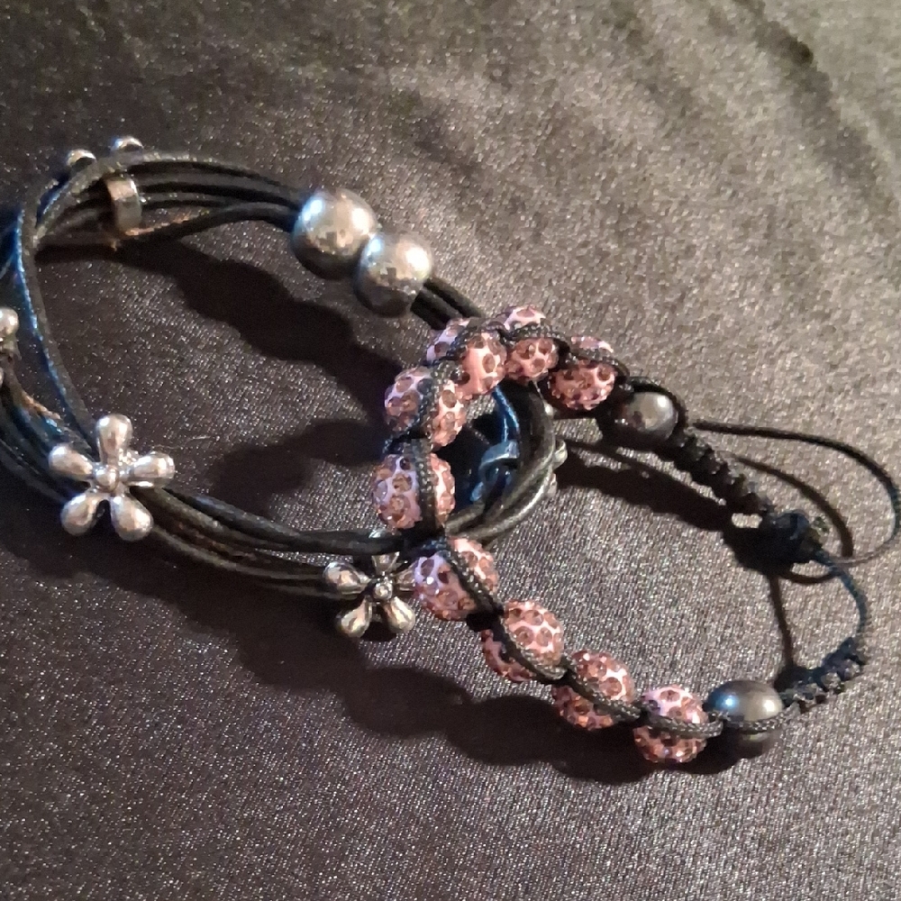 Chic Black and Silver Floral Bracelet Duo